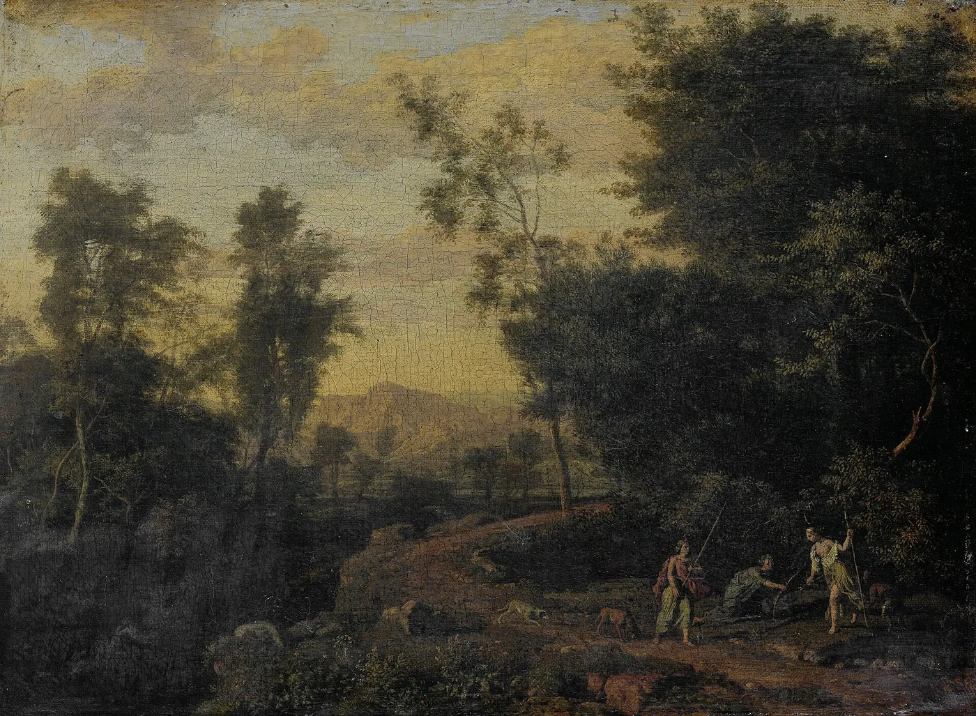 Landscape with Diana Hunting (1685) by Abraham Genoels — original painting reproduced as a hand-painted oil on canvas