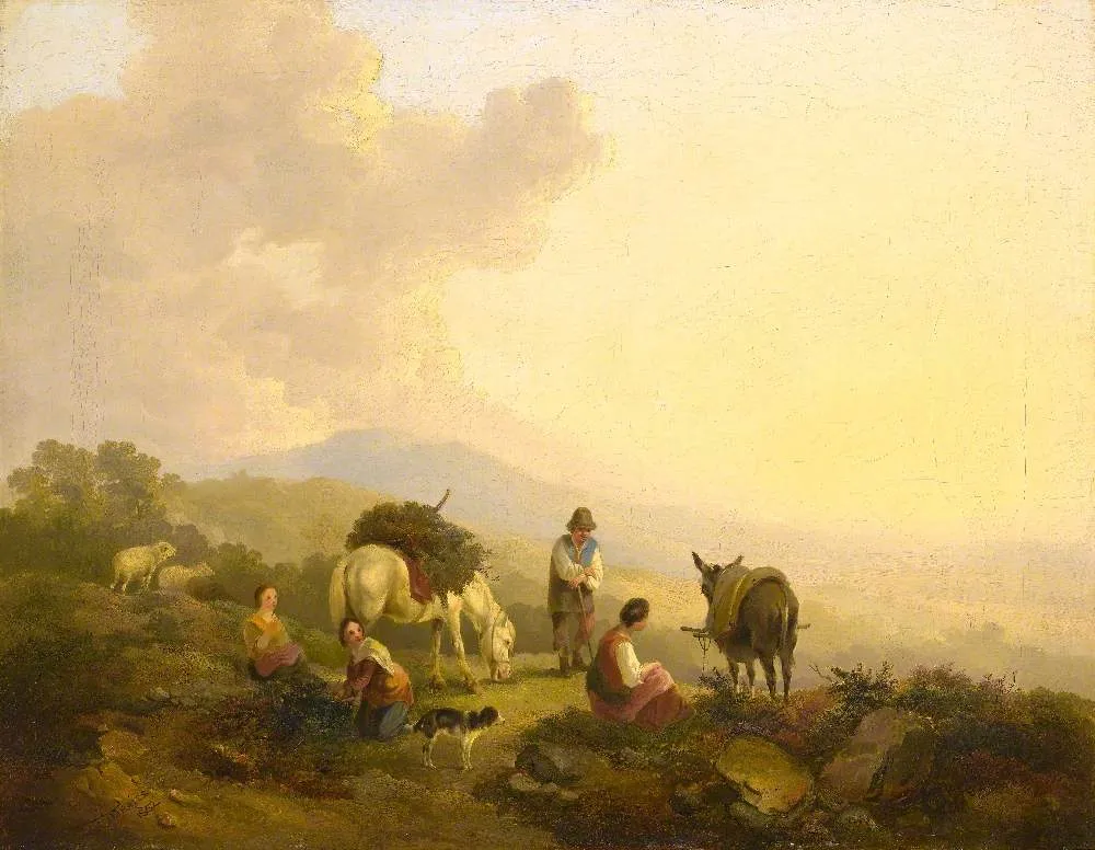 Landscape with Figures and Animals, Collecting Heather (1852) by Francis D. Traies — original painting reproduced as a hand-painted oil on canvas