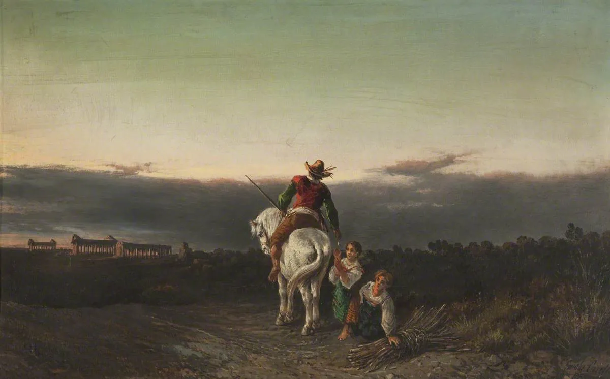 Landscape with Figures and Classical Ruins (1900) by Consalvo Carelli — original painting reproduced as a hand-painted oil on canvas