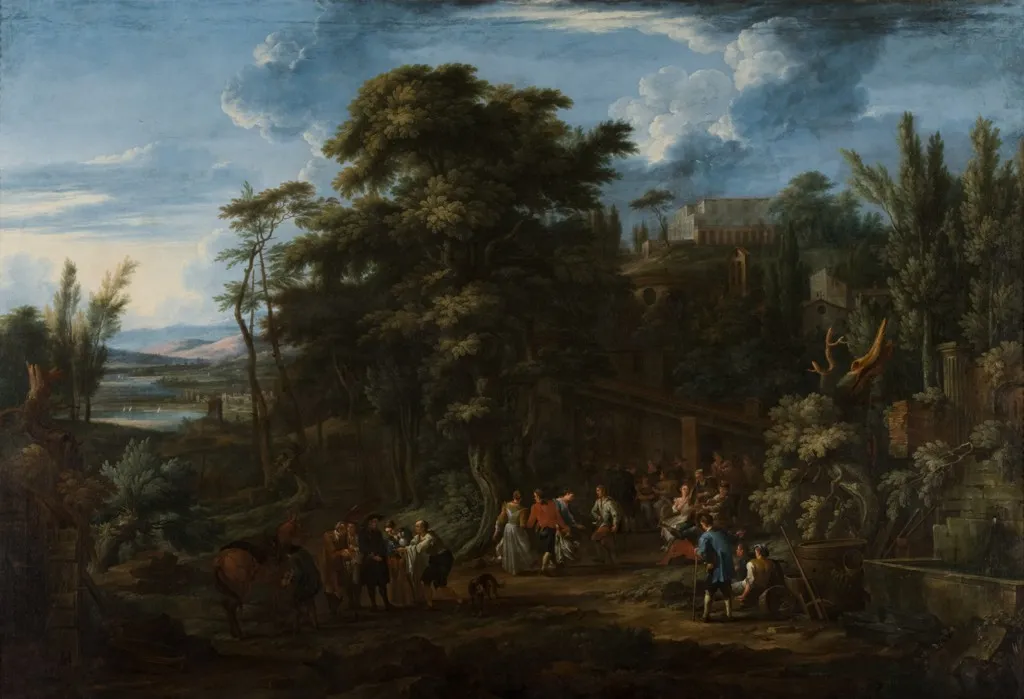 Landscape with Peasants by Christian Georg Schütz — original painting reproduced as a hand-painted oil on canvas