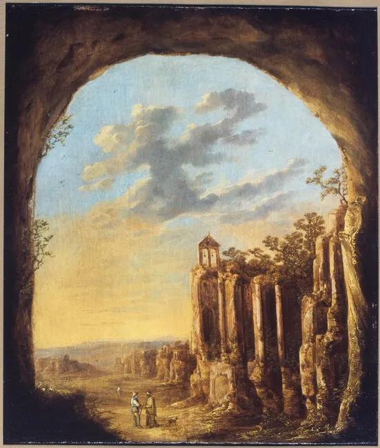 Landscape with ruins and clock tower (1650) by David de Hooch — original painting reproduced as a hand-painted oil on canvas