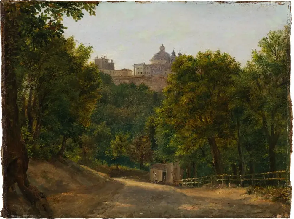 Landscape with Santa Maria Assunta in Ariccia (1830) by Christian Frederik Ferdinand Thøming — original painting reproduced as a hand-painted oil on canvas