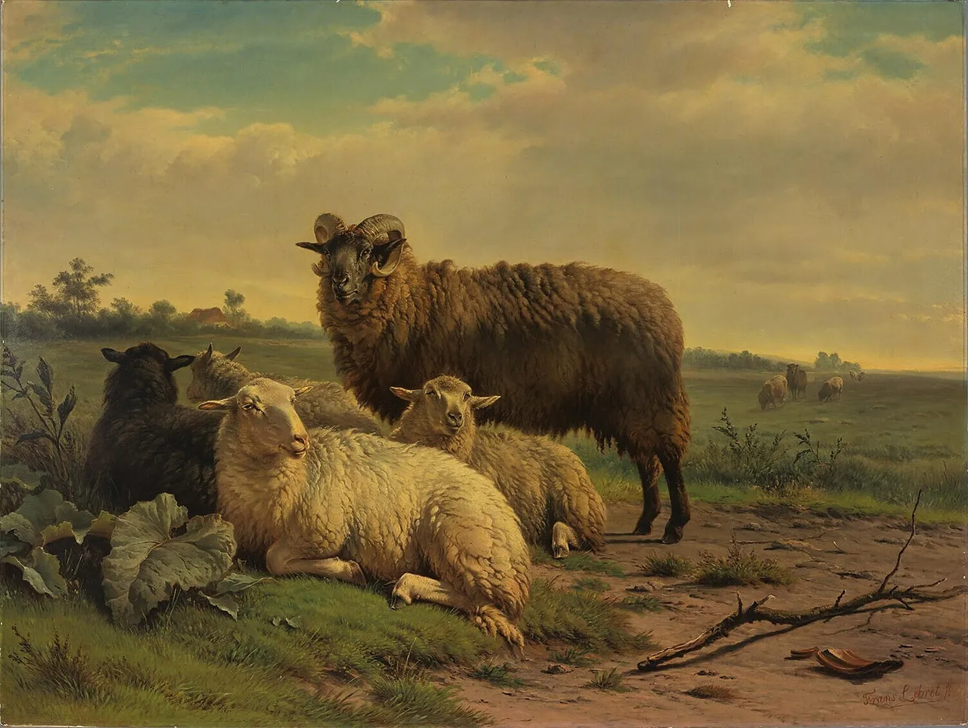 Landscape with Sheep (1860) by Frans Lebret — original painting reproduced as a hand-painted oil on canvas