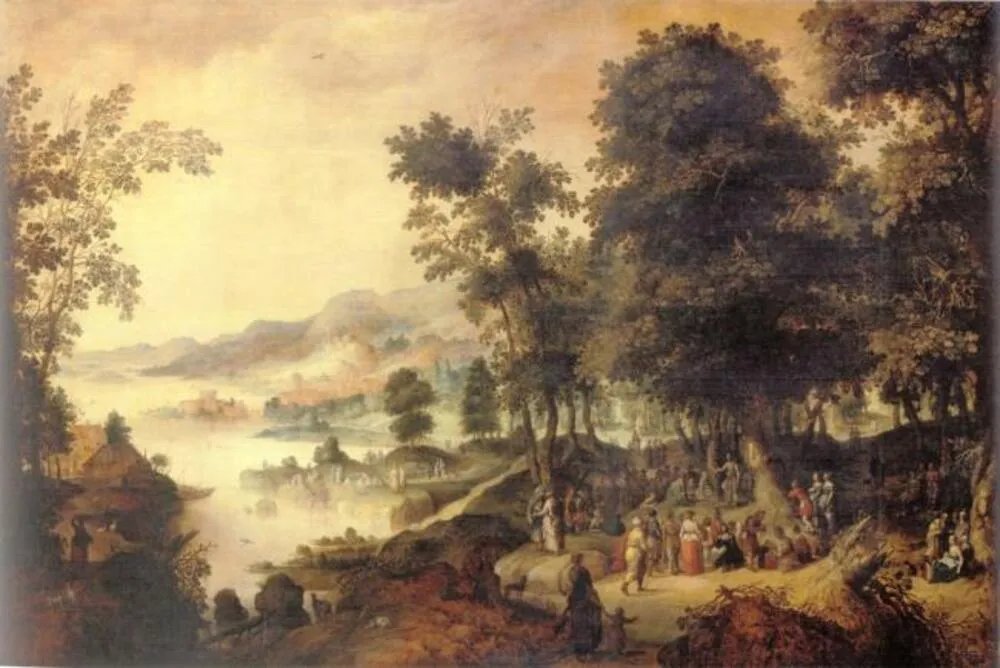 Landscape with St. John preaching (1629) by Claes Dirksz van der Heck — original painting reproduced as a hand-painted oil on canvas