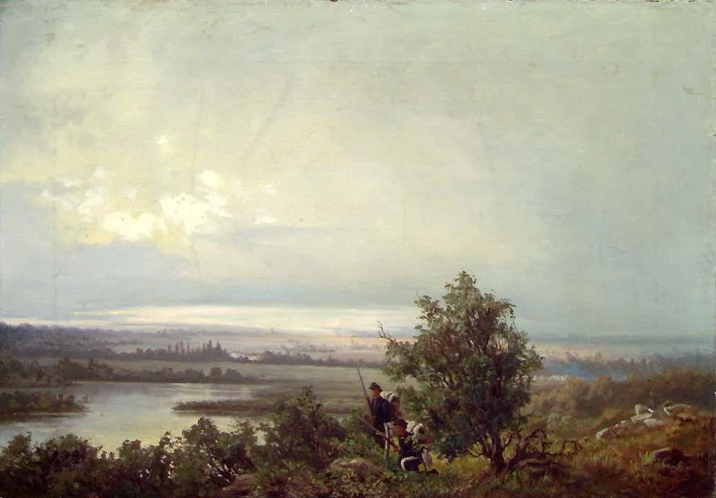 Landscape with two Soldiers (1871) by Anton Bergh — original painting reproduced as a hand-painted oil on canvas