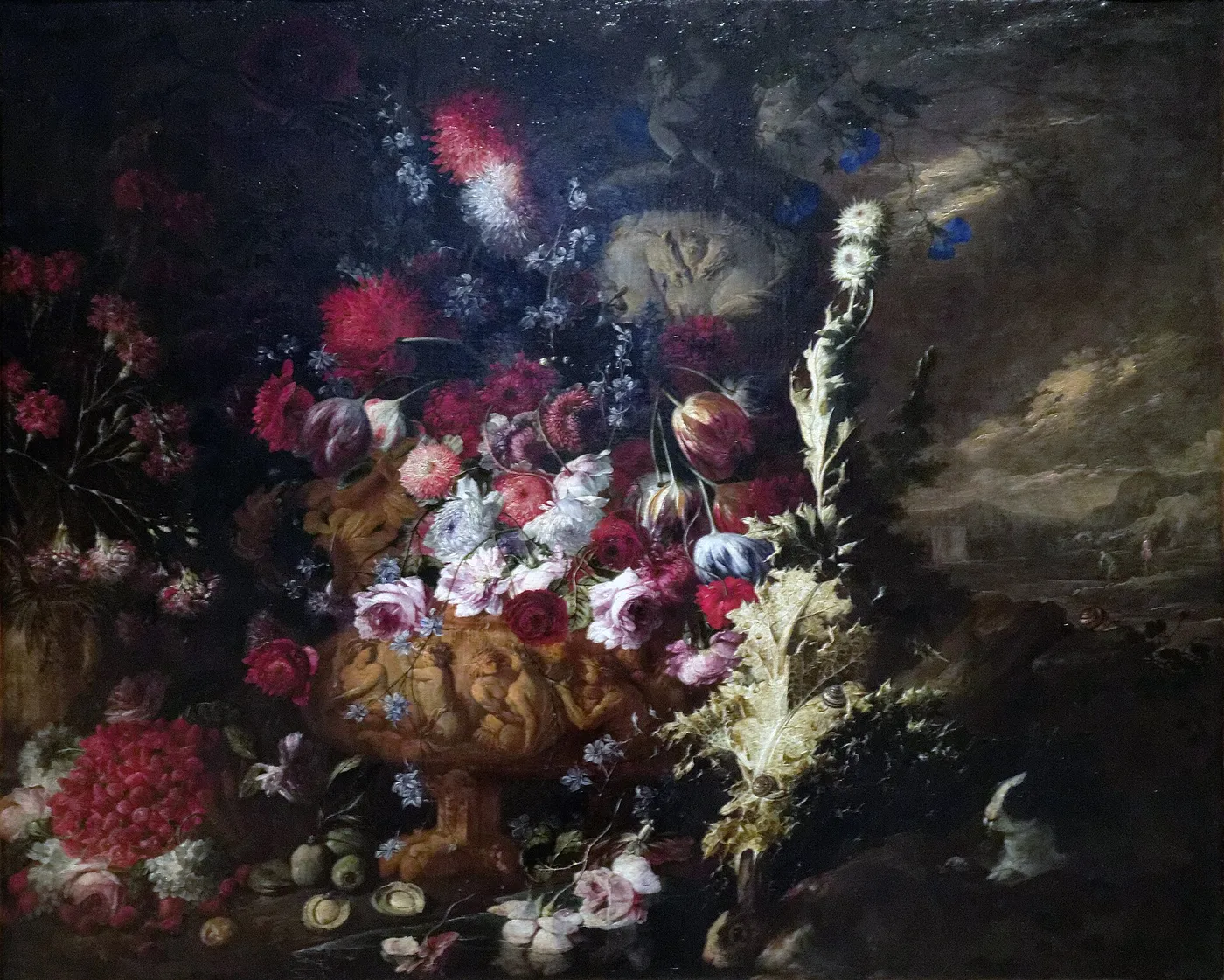 Landscape with Vases of Flowers and Fruits (1717) by Andrea Belvedere — original painting reproduced as a hand-painted oil on canvas