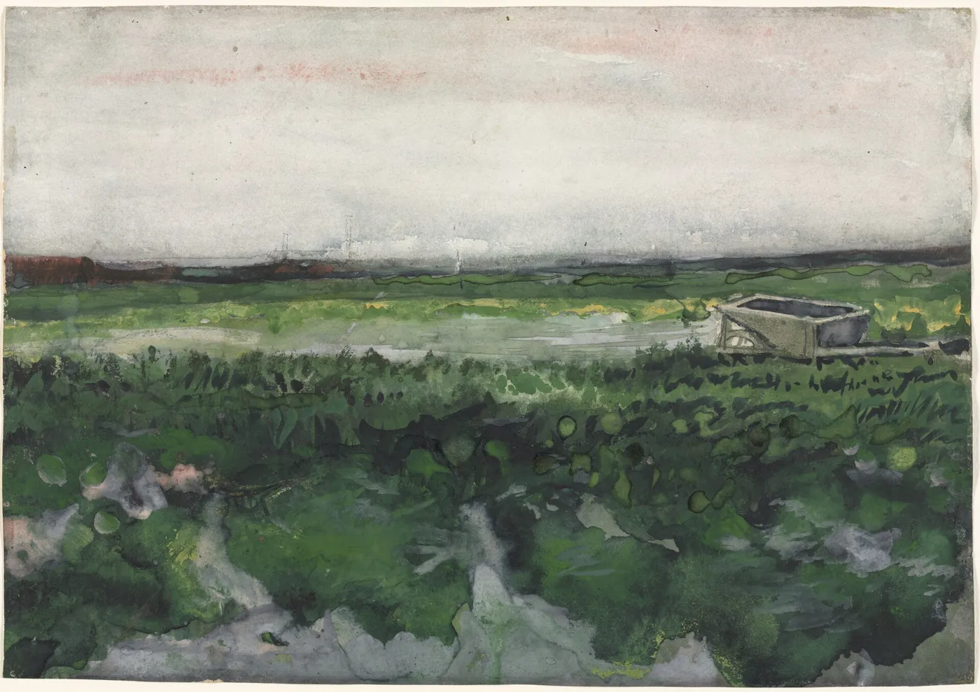 Landscape with Wheelbarrow (1883) by Vincent van Gogh — original watercolour reproduced as a hand-painted oil on canvas