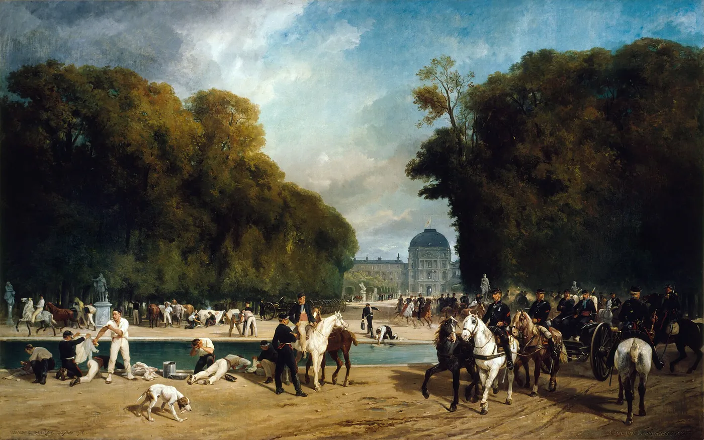 L’Artillerie campée dans le jardin des Tuileries (fin septembre 1870) (1871) by Alfred Decaen — original painting reproduced as a hand-painted oil on canvas