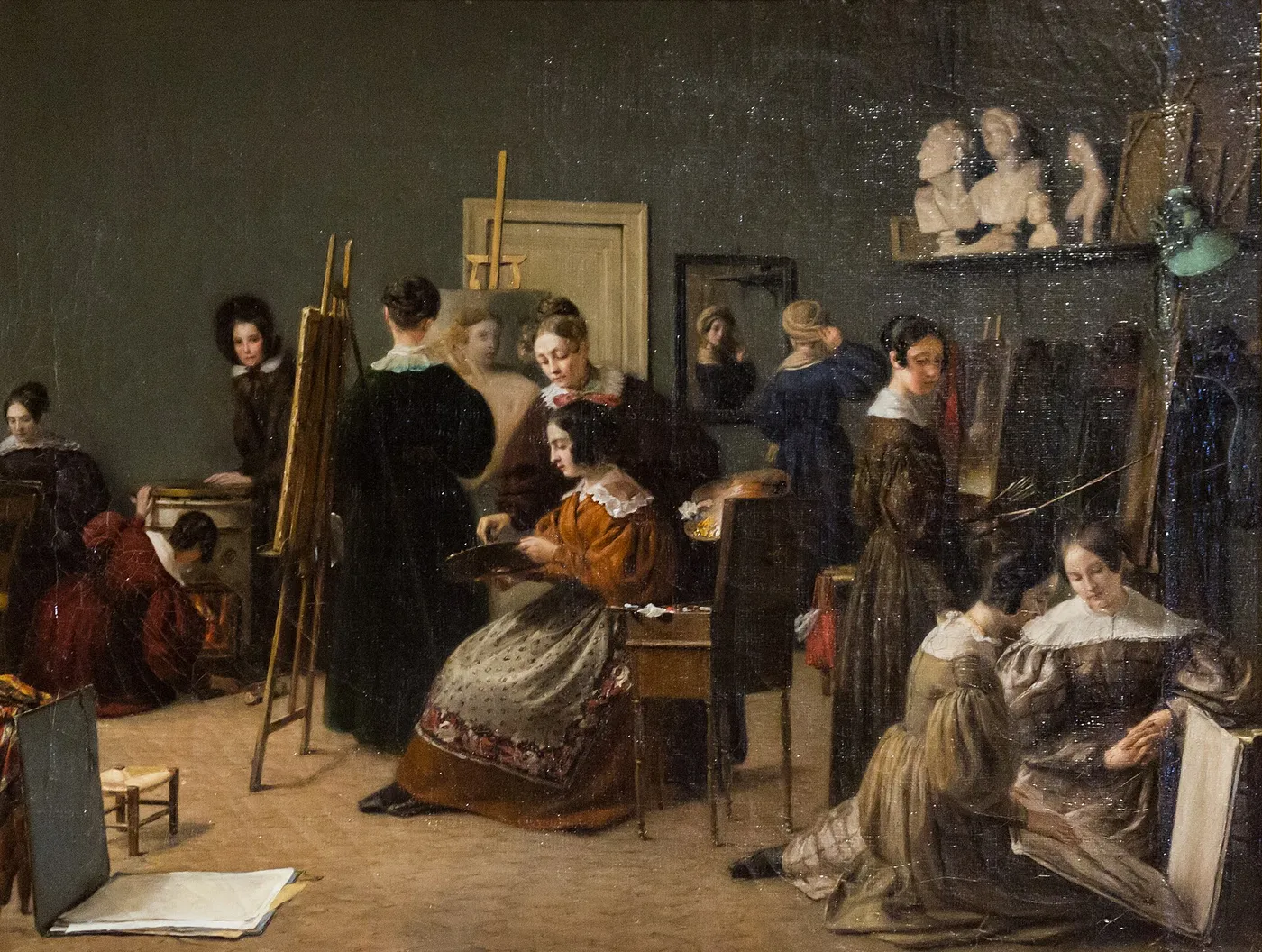 L’Atelier de jeunes filles artistes de Léon Cogniet (1836) by Catherine-Caroline Cogniet — original painting reproduced as a hand-painted oil on canvas