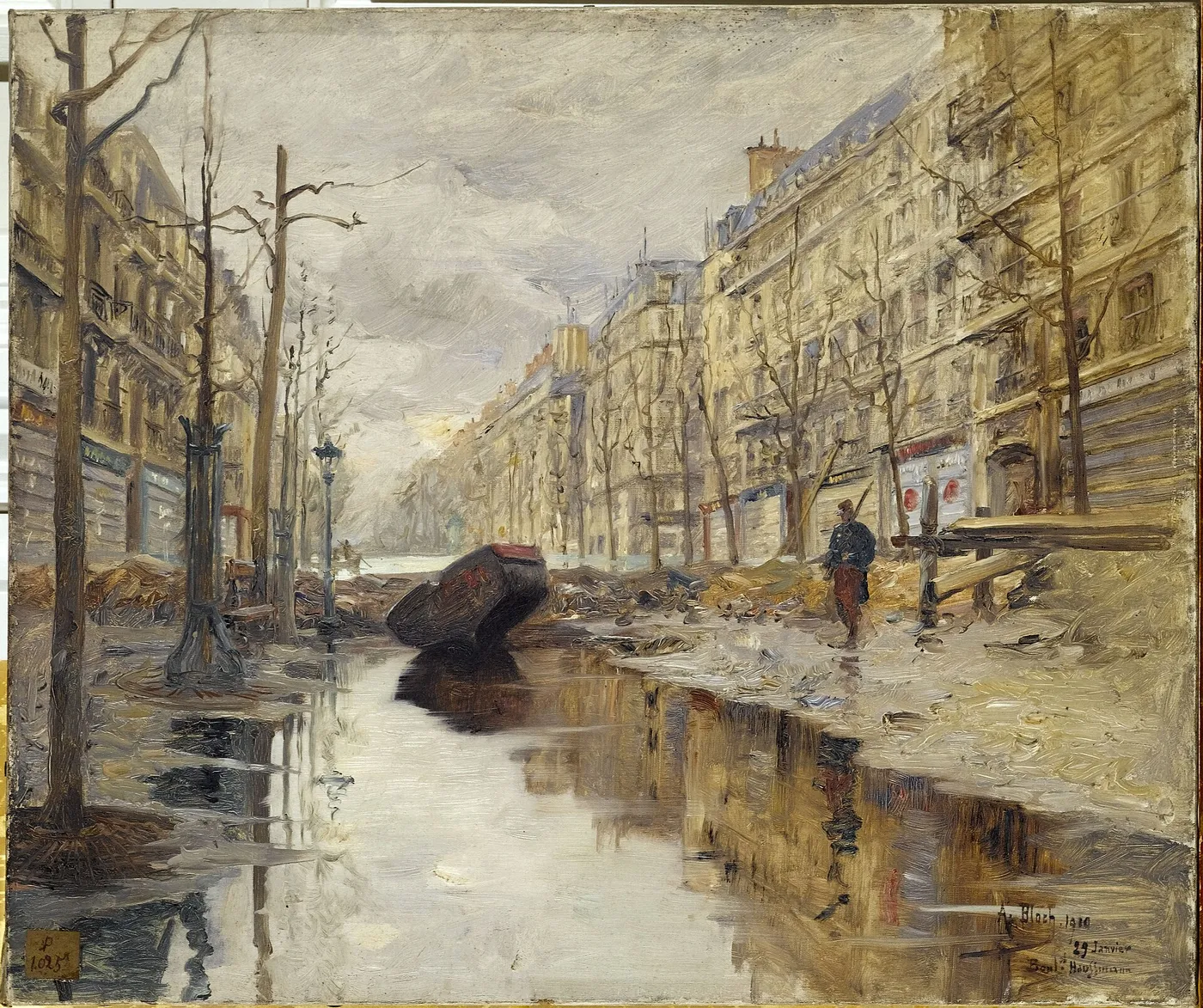 Le boulevard Haussmann pendant les inondations de 1910 (1910) by Alexandre Bloch — original painting reproduced as a hand-painted oil on canvas