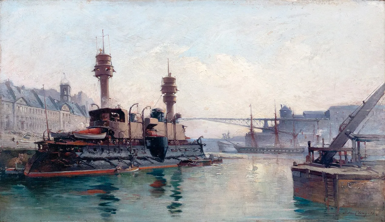 Le cuirassé Neptune en Penfeld (1892) by Edmond Chagot — original painting reproduced as a hand-painted oil on canvas