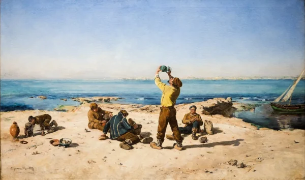 Le Déjeuner des pêcheurs (1882) by Alphonse Moutte — original painting reproduced as a hand-painted oil on canvas