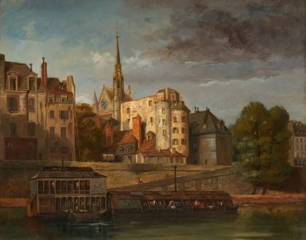 Le quai des Orfèvres, vu du quai des Grands-Augustins, vers 1860 (1860) by Auguste Thiollet — original painting reproduced as a hand-painted oil on canvas