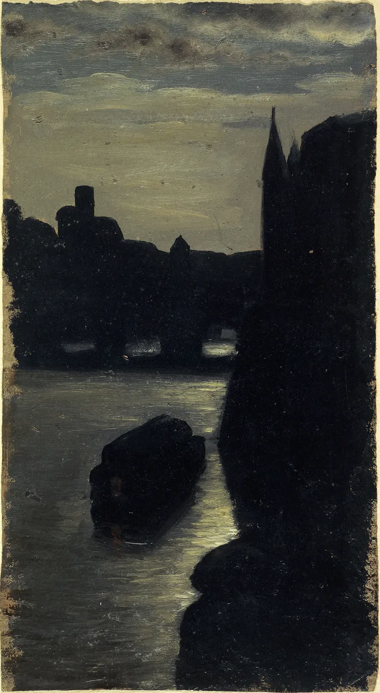 Les bords de la Seine, près du palais de justice, effet de nuit (1870) by Charles-Émile Cuisin — original painting reproduced as a hand-painted oil on canvas