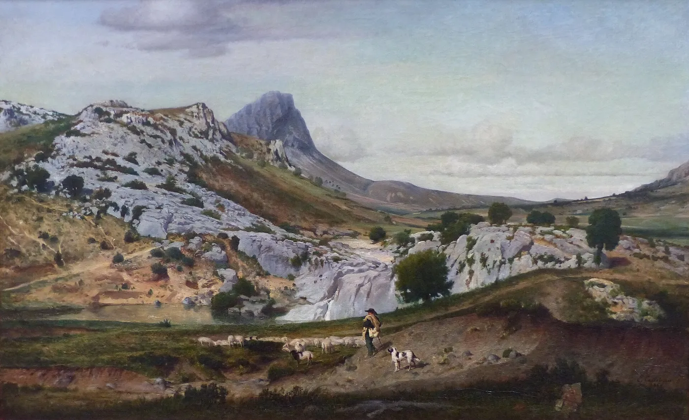 Les garrigues du pic Saint-Loup (1859) by Eugène Castelnau — original painting reproduced as a hand-painted oil on canvas