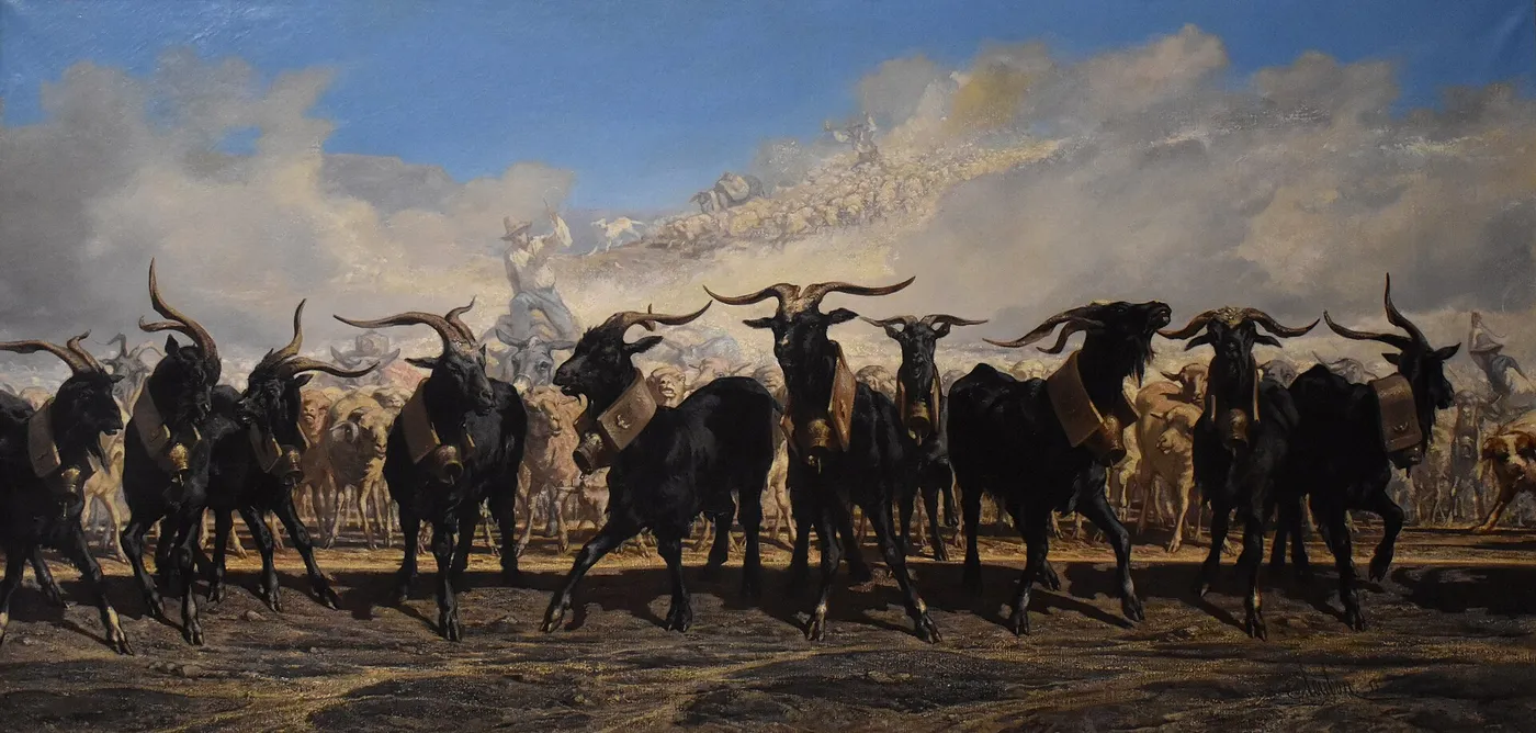 Les Menons en tête d’un troupeau en Camargue (1900) by Emile Loubon — original painting reproduced as a hand-painted oil on canvas