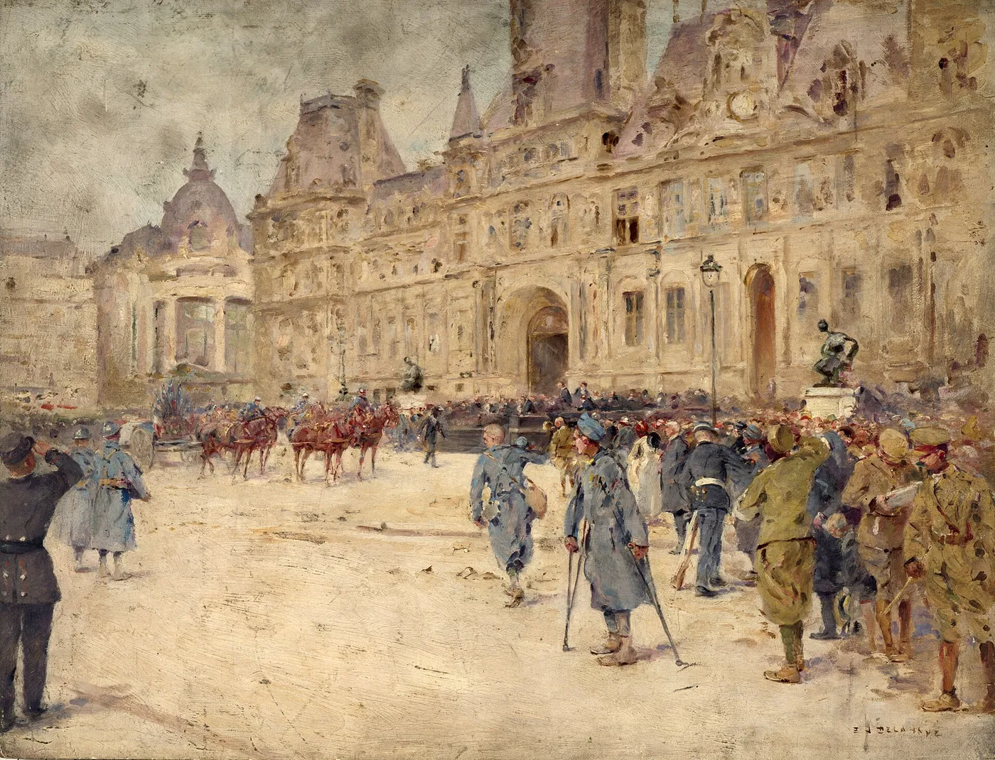 Les mutilés assistent aux obsèques du général Galliéni, sur la place de l’Hôtel-de-Ville (1er juin 1916) (1916) by Ernest Jean Delahaye — original painting reproduced as a hand-painted oil on canvas