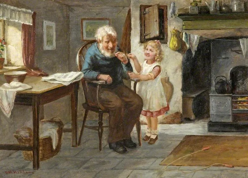 Lighting Grandpa’s Pipe by David Wood Haddon — original painting reproduced as a hand-painted oil on canvas