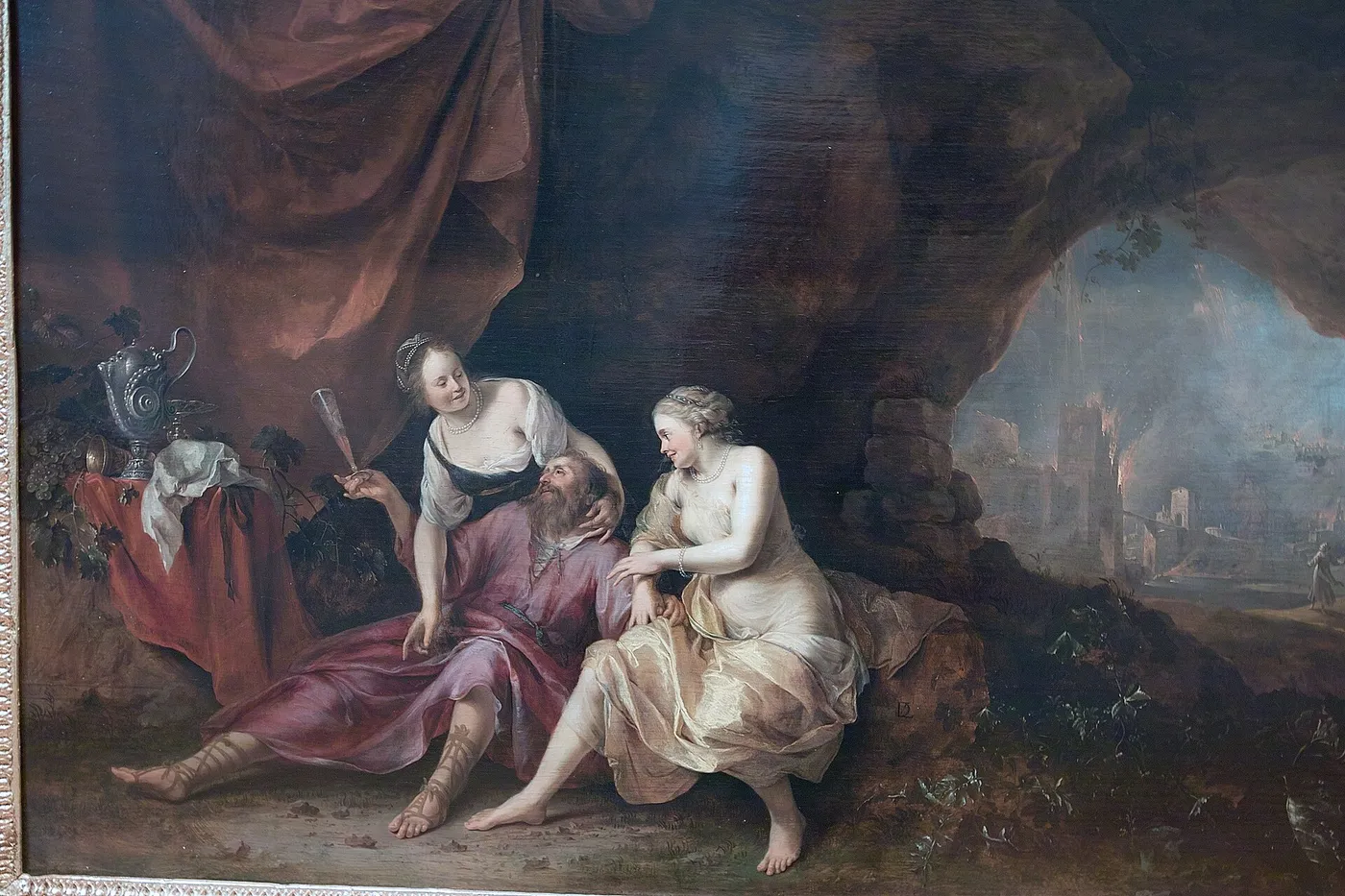 Lot made drunk by his daughters; in the background the destruction of Sodom and Gomorrah (Genesis 19:33-34) (1649) by Dirck van der Lisse — original painting reproduced as a hand-painted oil on canvas
