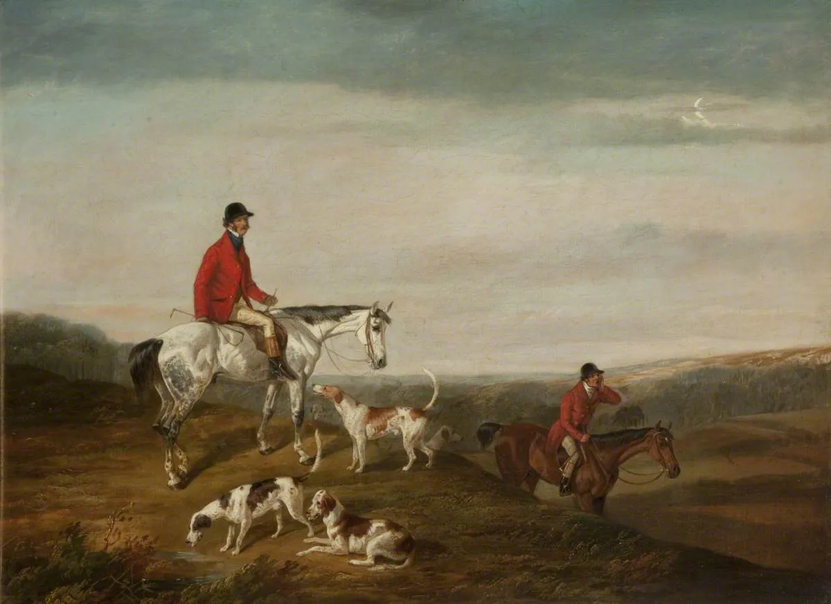 M. F. H. in a Red Jacket on a Grey Horse with Three Hounds (after John Nost Sartorious) by Byron Webb — original painting reproduced as a hand-painted oil on canvas