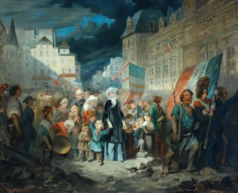 Madame de Lamartine Adopting the Children of Patriots Killed at the Barricades in Paris during the Revolution of 1848 (1848) by François-Claudius Compte-Calix — original painting reproduced as a hand-painted oil on canvas