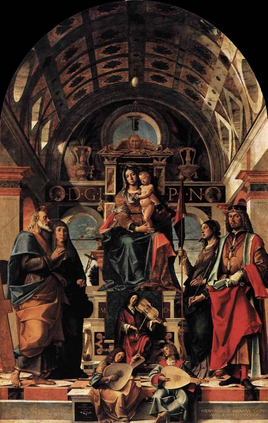 Madonna and Child enthroned with Saints (1498) by Bartolomeo Montagna — original painting reproduced as a hand-painted oil on canvas