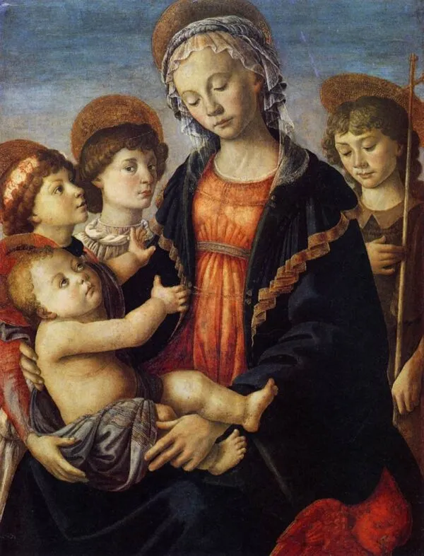 Madonna and Child with Saint John the Baptist and Two Angels (1470) by Sandro Botticelli — original painting reproduced as a hand-painted oil on canvas