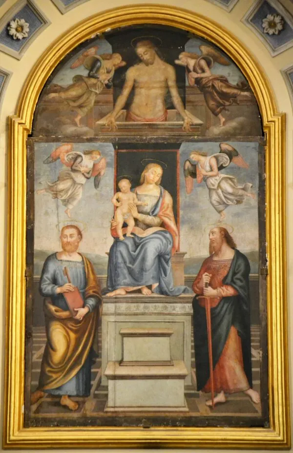 Madonna and Child with Saints Peter and Paul (1515) by Pietro Perugino — original painting reproduced as a hand-painted oil on canvas