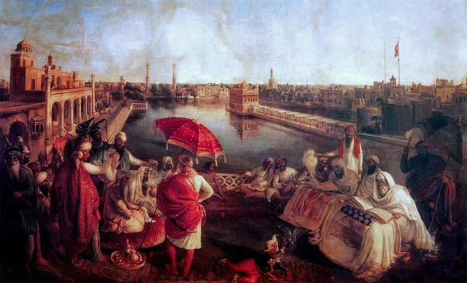 Maharaja Ranjit Singh listening to Granth Sahib being recited near the Golden Temple. (1850) by Ágoston Schoefft — original painting reproduced as a hand-painted oil on canvas
