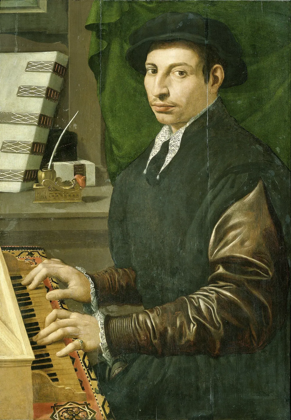 Man Playing the Clavichord (1562) by Francesco Traballesi — original painting reproduced as a hand-painted oil on canvas