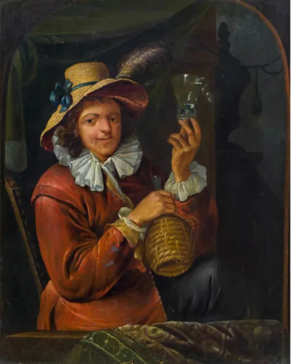 Man with wine glass and basket bottle (1750) by François Xaver Henri Verbeeck — original painting reproduced as a hand-painted oil on canvas