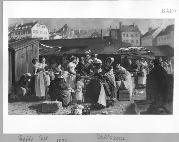 market scene (1879) by Carl Rohde — original painting reproduced as a hand-painted oil on canvas