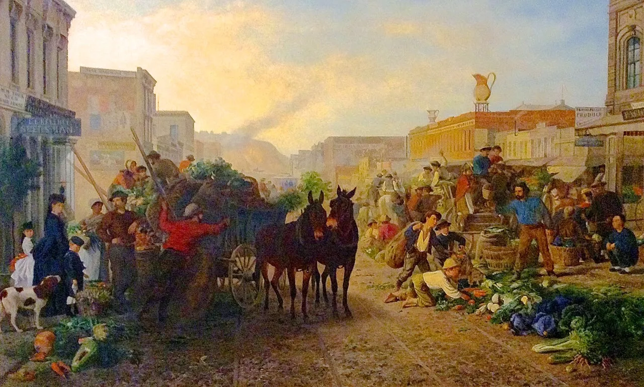 Market Scene, Sansome Street, San Francisco by Carl Wilhelm Hahn — original painting reproduced as a hand-painted oil on canvas