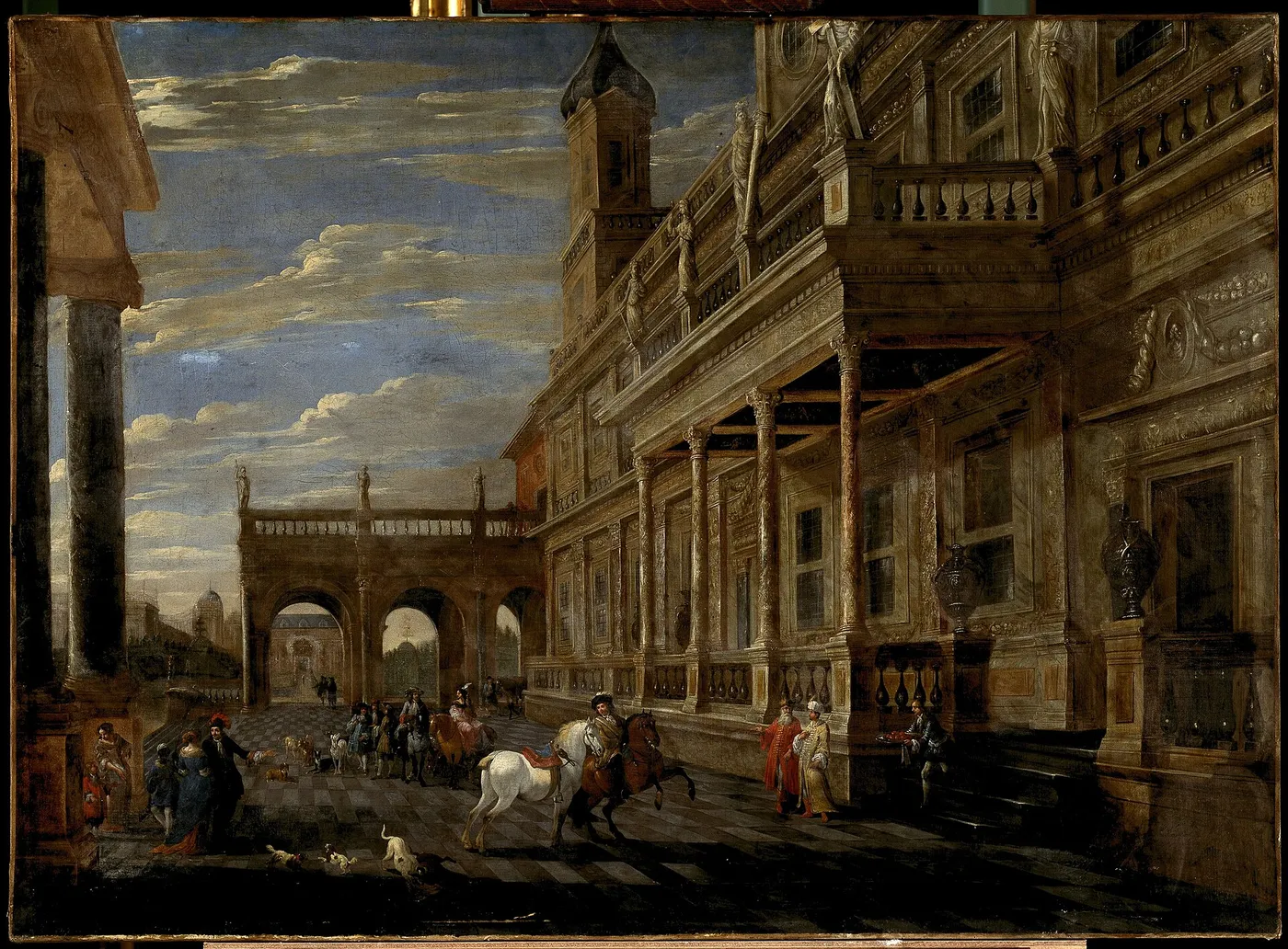 Meeting before falconry (1699) by Dupont (genaamd Pointié) — original painting reproduced as a hand-painted oil on canvas