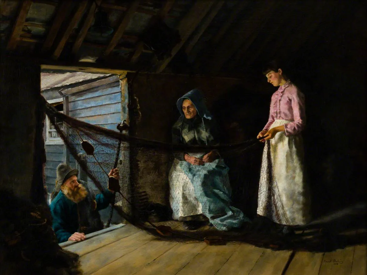 Mending Father’s Nets (1884) by Frank Bodilly — original painting reproduced as a hand-painted oil on canvas
