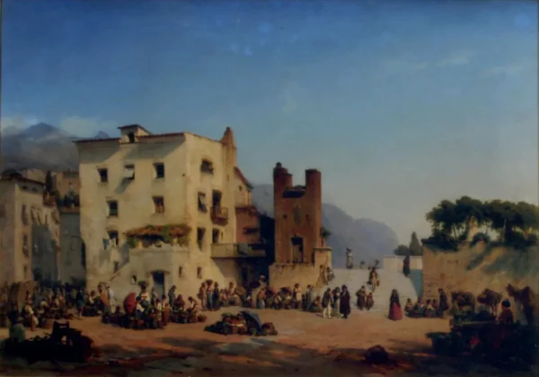 Mercado de Frutas (1853) by August Plum — original painting reproduced as a hand-painted oil on canvas