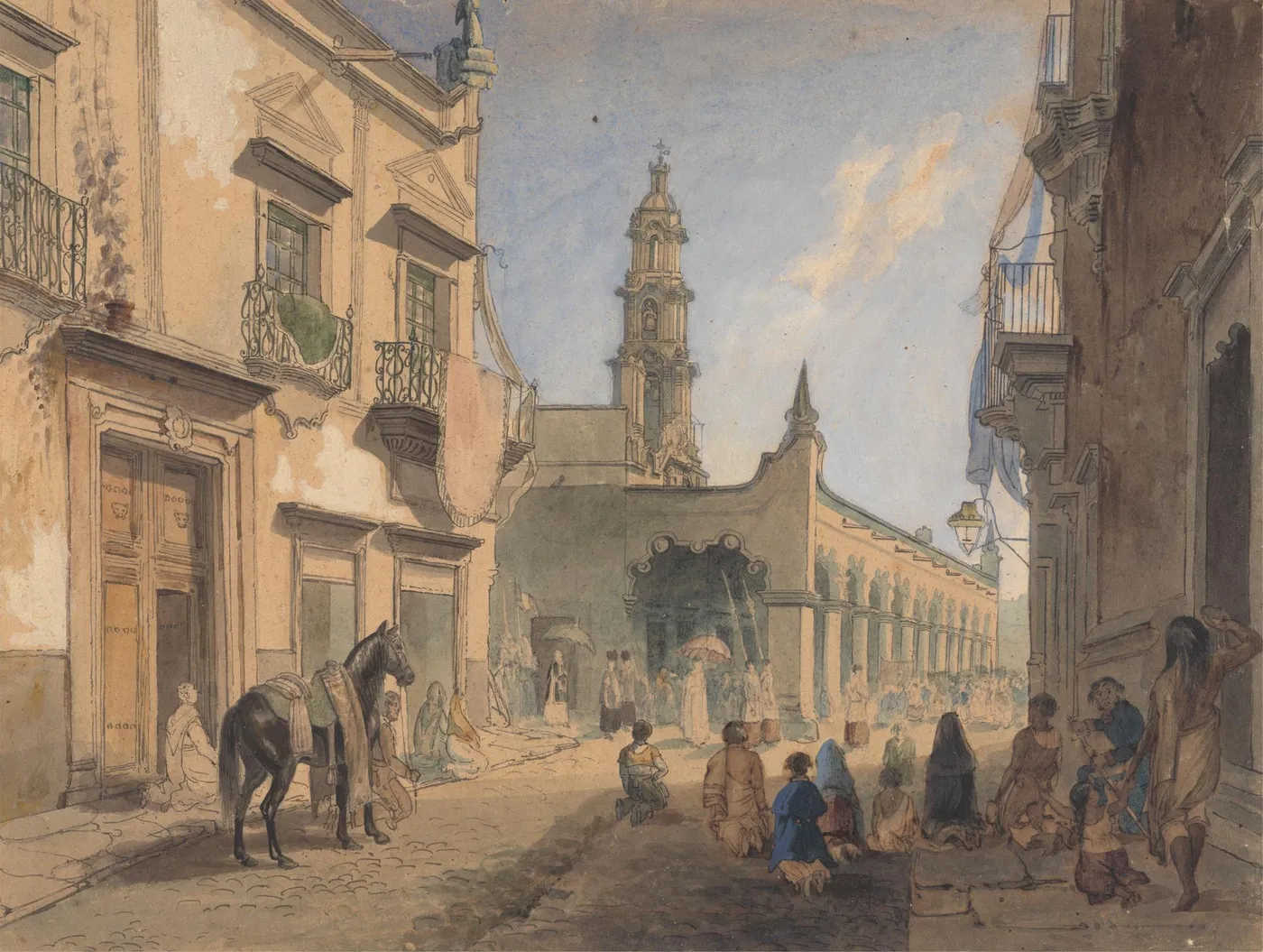 Mexican Street Scene - Aquas Caliente (1840) by Daniel Thomas Egerton — original watercolour reproduced as a hand-painted oil on canvas
