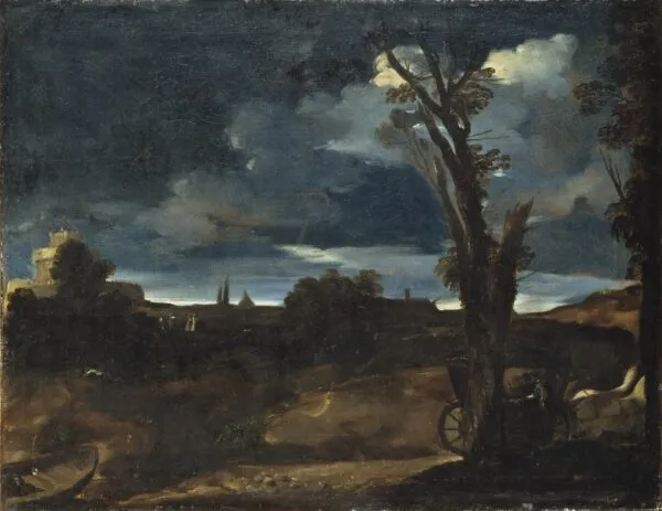 Moonlight Landscape (1616) by Guercino — original painting reproduced as a hand-painted oil on canvas