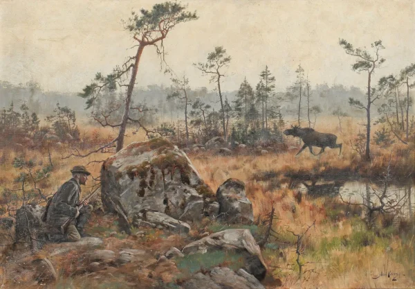 Moose hunt (1917) by Axel Borg — original painting reproduced as a hand-painted oil on canvas