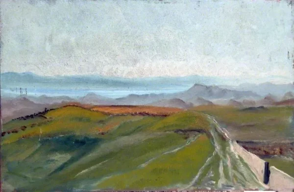 Mountainous Landscape with Walled Land and a Distant Lake Surrounded by Mountains (1899) by Caroline Emily Gray Hill — original painting reproduced as a hand-painted oil on canvas