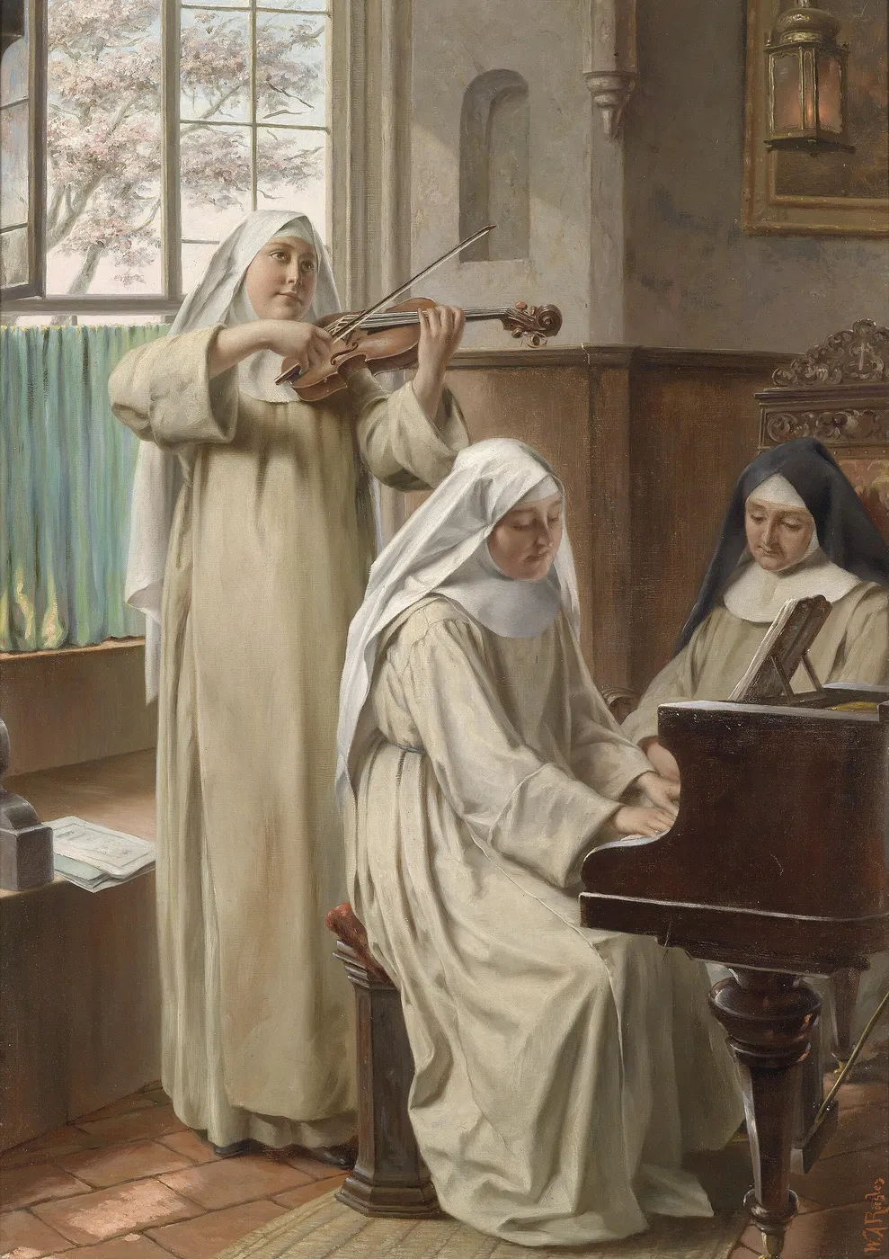 Music in the convent (1850) by August Wilhelm Rösler — original painting reproduced as a hand-painted oil on canvas