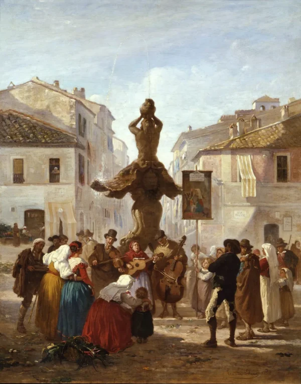 Musicians in Piazza Barberini, Rome (1862) by Armand Leleux — original painting reproduced as a hand-painted oil on canvas