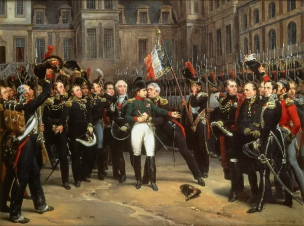 Napoleon bids farewell to his Guard at Fontainebleau on 20 April 1814 (1824) by Antoine Alphonse Montfort — original painting reproduced as a hand-painted oil on canvas