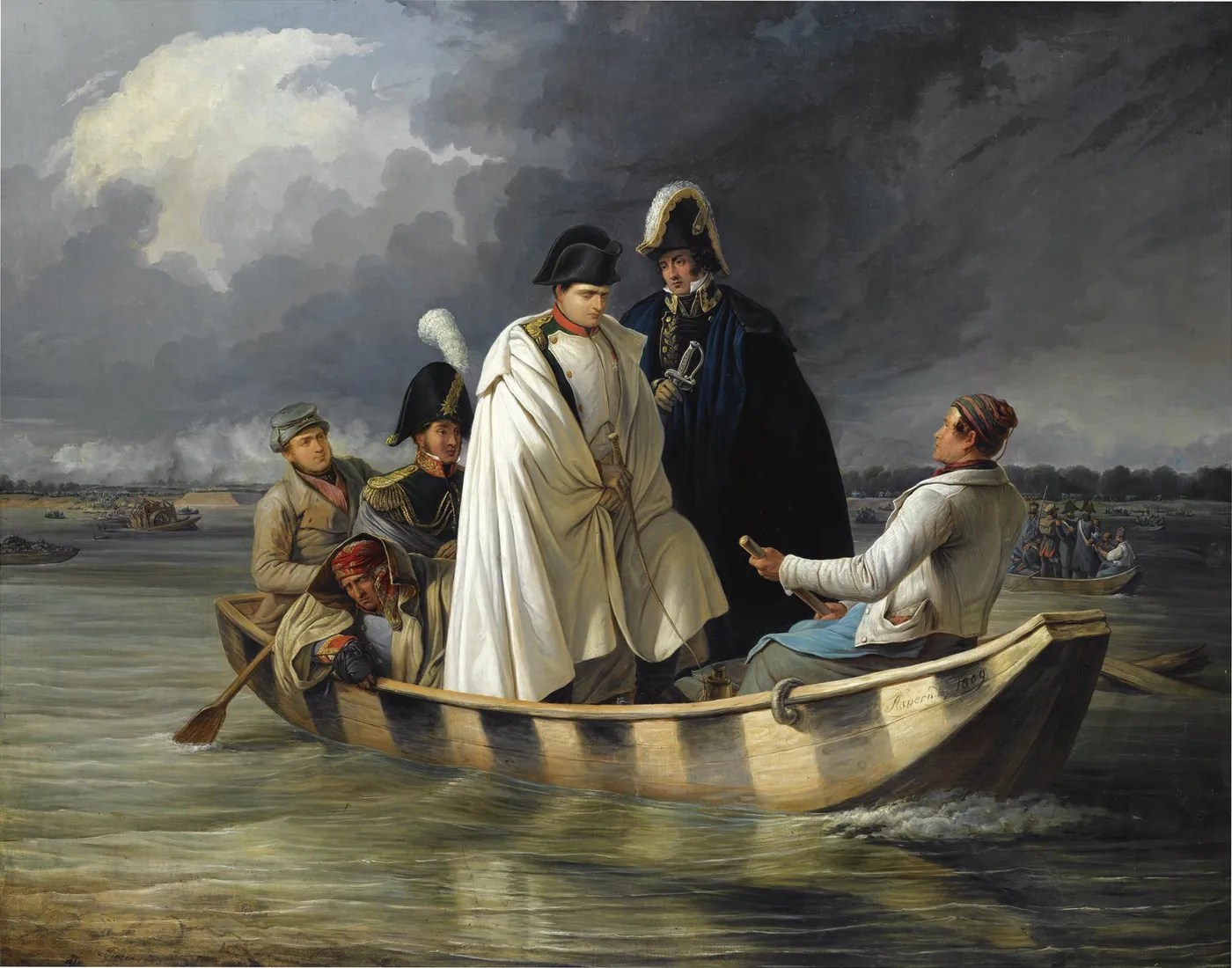 Napoleon leaving the Lobau after the defeat at the Battle of Aspern (1845) by Anton von Perger — original painting reproduced as a hand-painted oil on canvas