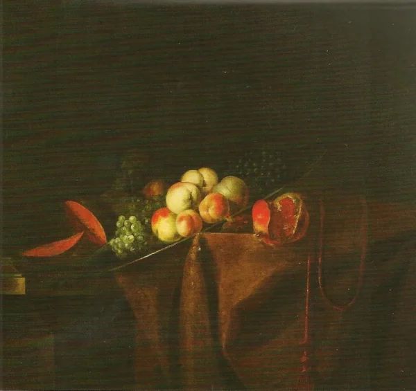 Nature morte aux pêches, grenades et autres fruits (1770) by Antoine Babron — original painting reproduced as a hand-painted oil on canvas