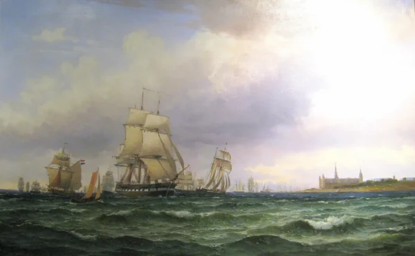Navy frigate at Kronborg Castle (2000) by Edvard Skari — original painting reproduced as a hand-painted oil on canvas