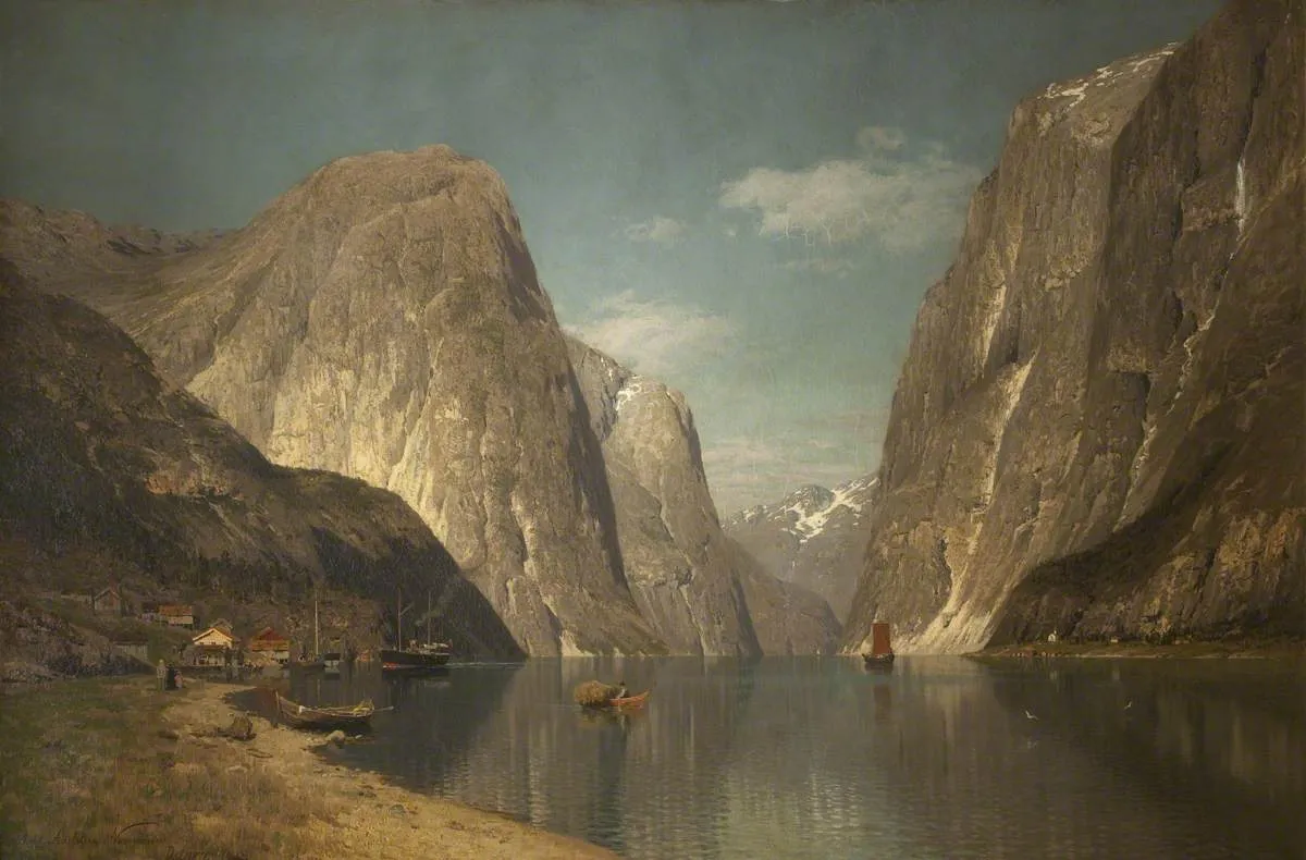 Near Gudvangen on the Sogne Fjord (1876) by Adelsteen Normann — original painting reproduced as a hand-painted oil on canvas