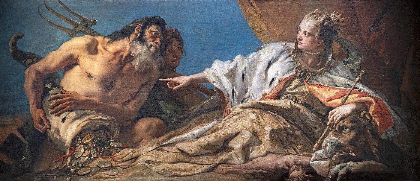 Neptune Offering Gifts to Venice (1740) by Giovanni Battista Tiepolo — original painting reproduced as a hand-painted oil on canvas