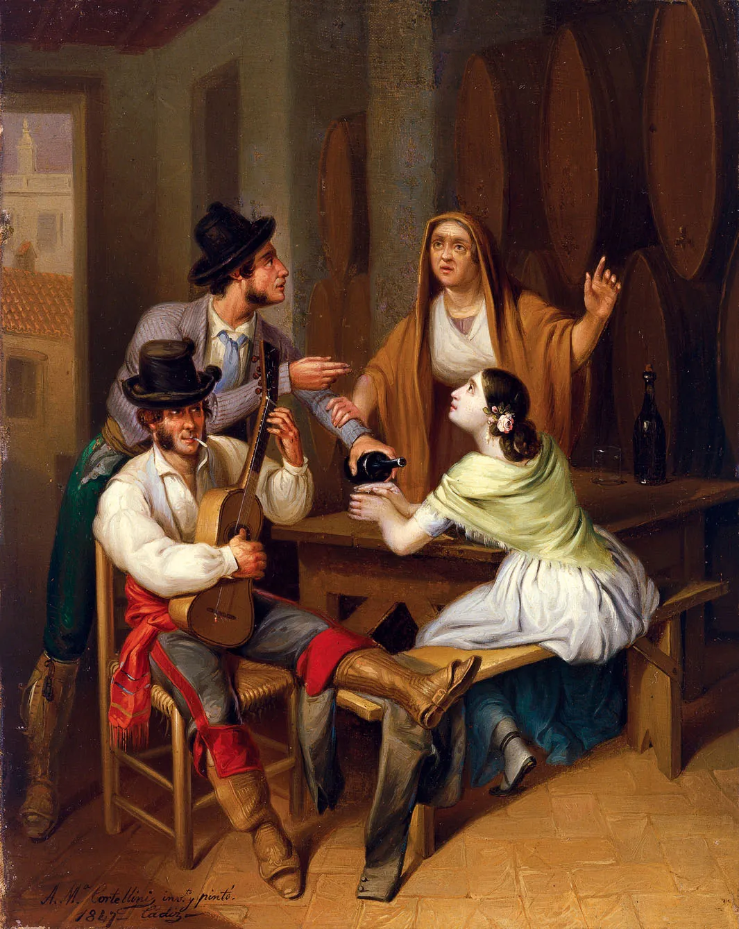 No more Wine. Tavern Scene (1847) by Ángel María Cortellini — original painting reproduced as a hand-painted oil on canvas