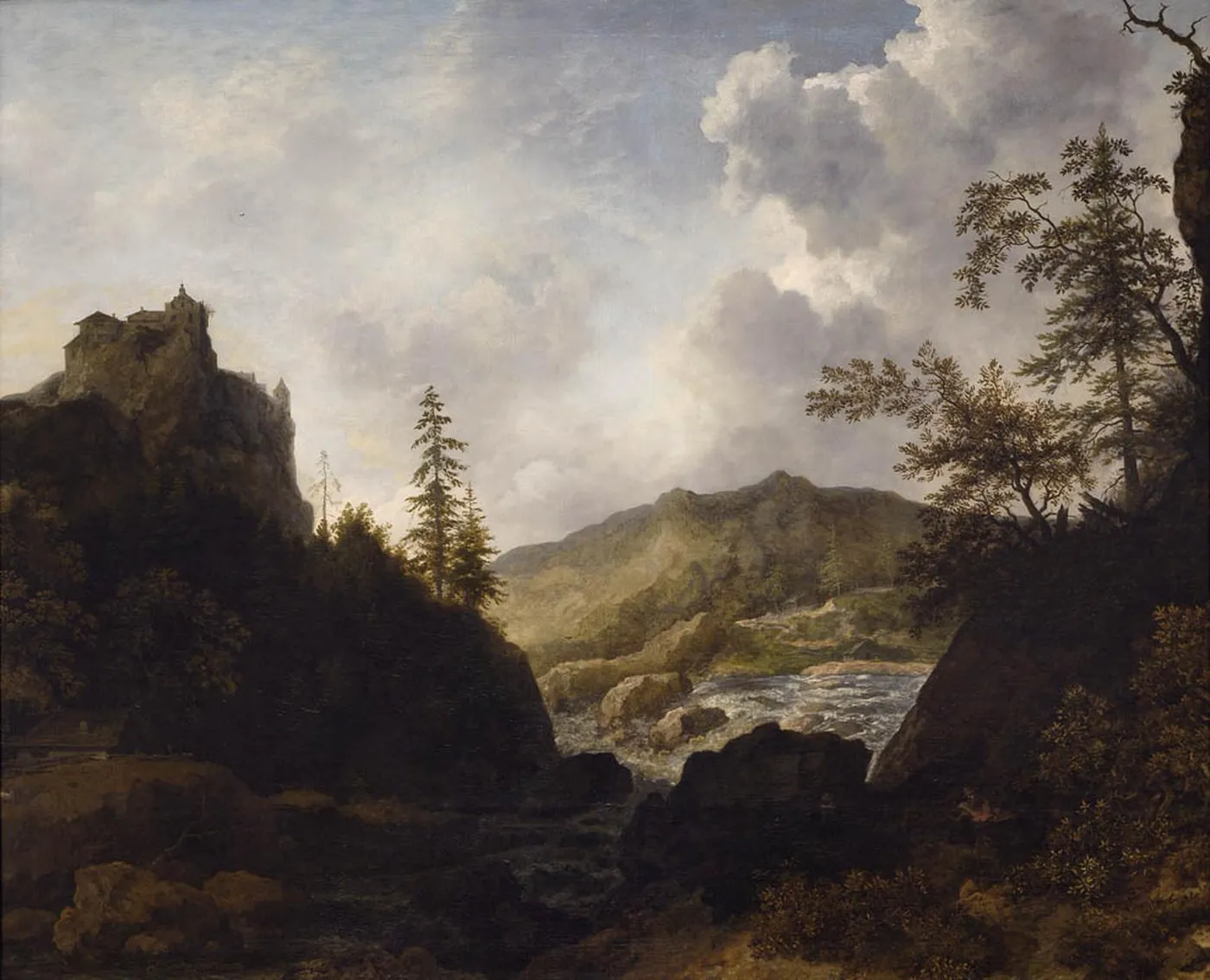 Nordic Landscape with a Castle on a Hill (1660) by Allaert van Everdingen — original painting reproduced as a hand-painted oil on canvas